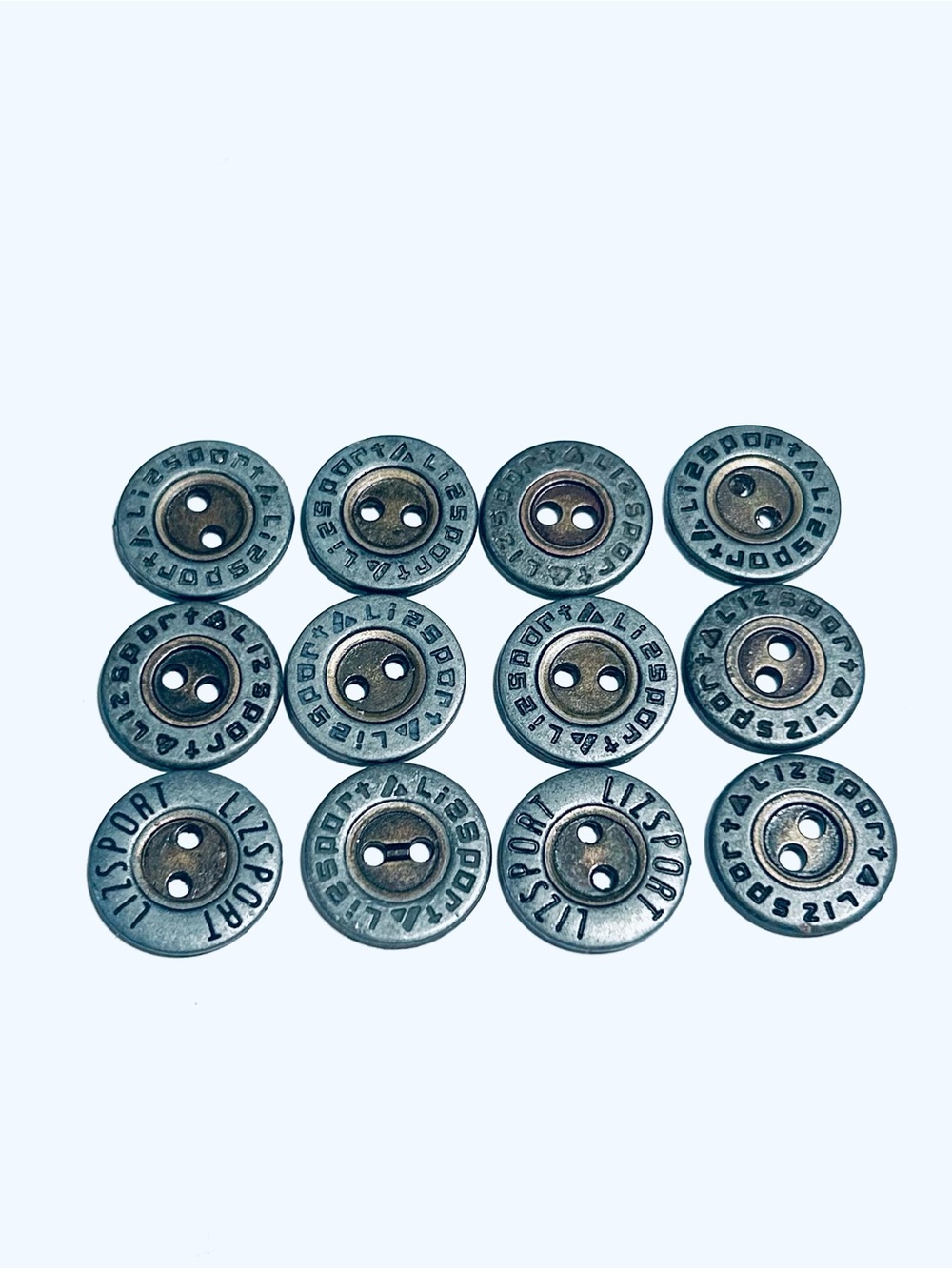 12‎ Vintage Lizsport Buttons, Liz Claiborne, 2 Hole Buttons, Pewter Brass Button